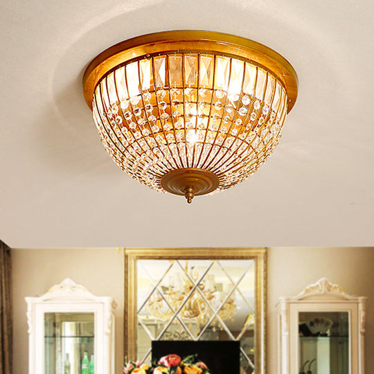 Modern Brass Flush Mount With Crystal Dome Shade - 3 Light Hallway Ceiling Fixture 14/18 Wide