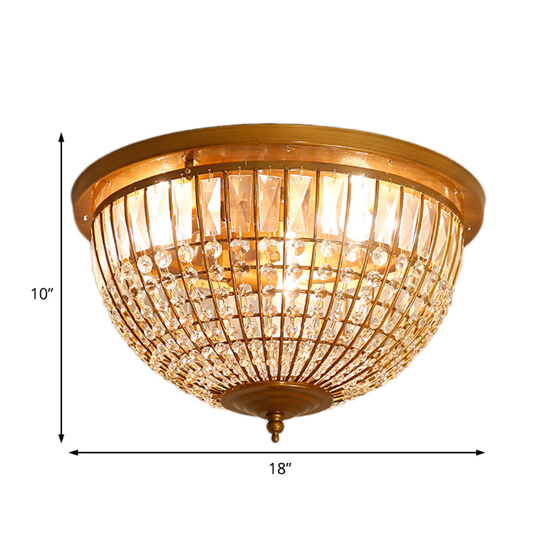 Modern Brass Flush Mount With Crystal Dome Shade - 3 Light Hallway Ceiling Fixture 14/18 Wide