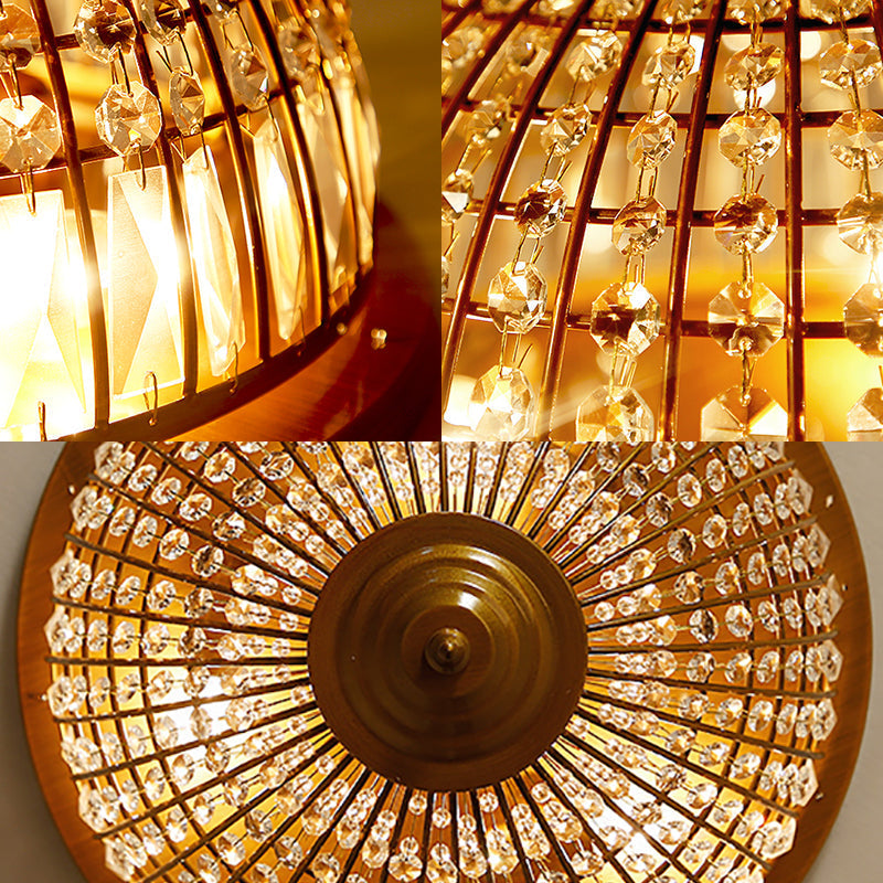 Modern Brass Flush Mount With Crystal Dome Shade - 3 Light Hallway Ceiling Fixture 14/18 Wide