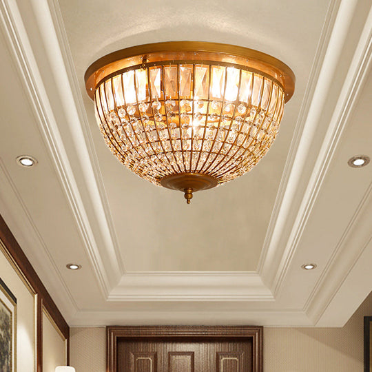 Modern Brass Flush Mount With Crystal Dome Shade - 3 Light Hallway Ceiling Fixture 14’/18’ Wide
