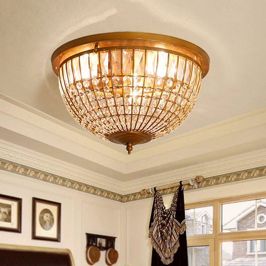 Modern Brass Flush Mount With Crystal Dome Shade - 3 Light Hallway Ceiling Fixture 14/18 Wide / 14
