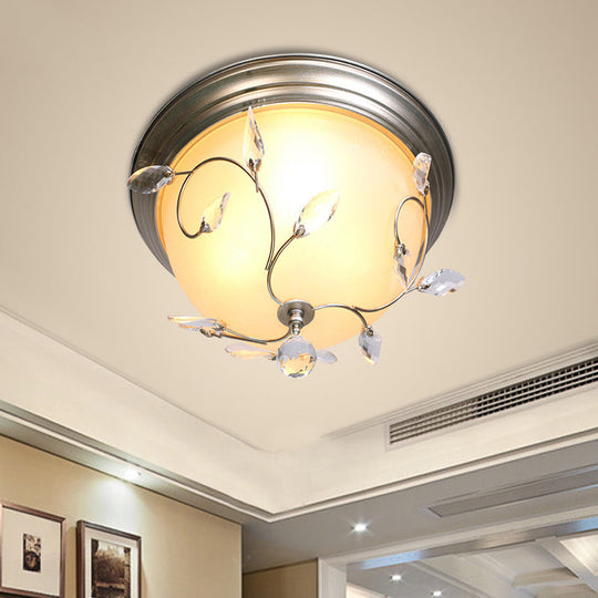 Contemporary 1-Light Ceiling Lamp With Frosted Glass Shade Crystal Accents And Nickel Dome Flush