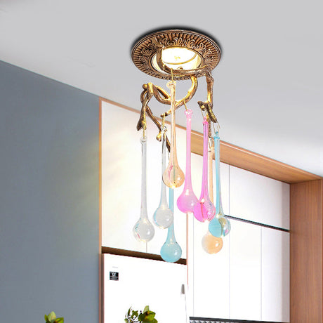 Vintage Blue-Purple/Clear Teardrop Crystal Led Ceiling Light For Bedrooms