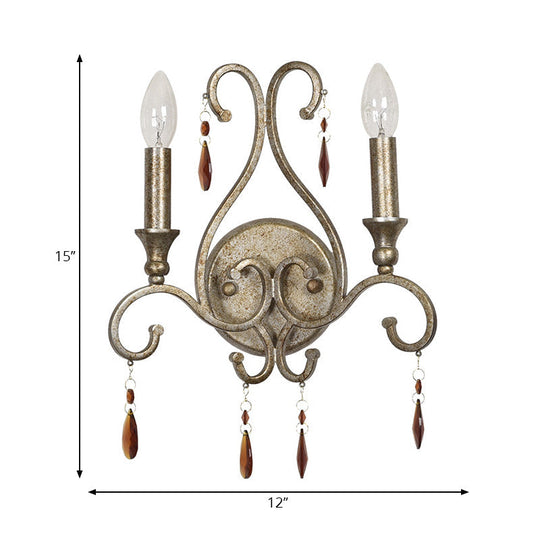 French Country Iron Candle Wall Sconce With Crystal Deco - Aged Silver 2-Light Fixture