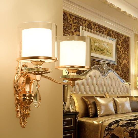 Vintage Gold Finish Cylinder Sconce Light: Metal Wall Fixture With Double Glass Shade And Crystal