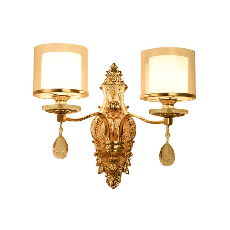 Vintage Gold Finish Cylinder Sconce Light: Metal Wall Fixture With Double Glass Shade And Crystal