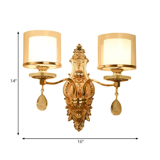 Vintage Gold Finish Cylinder Sconce Light: Metal Wall Fixture With Double Glass Shade And Crystal