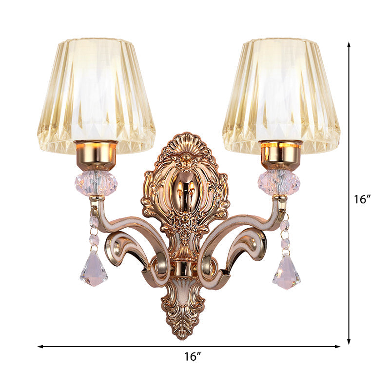 Vintage Cone Wall Lamp - Metal 2-Light Brass Sconce With Clear Glass Shade And Crystal Accent