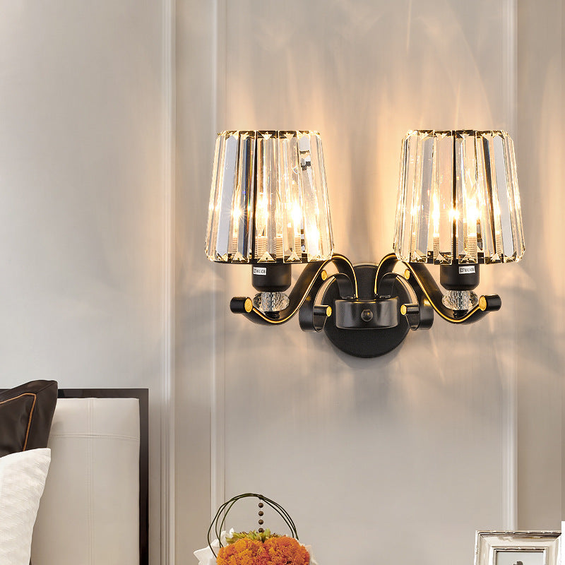 Modern Clear Glass Conic Wall Lamp - 1/2-Bulb Black Sconce Lighting With Crystal Decor