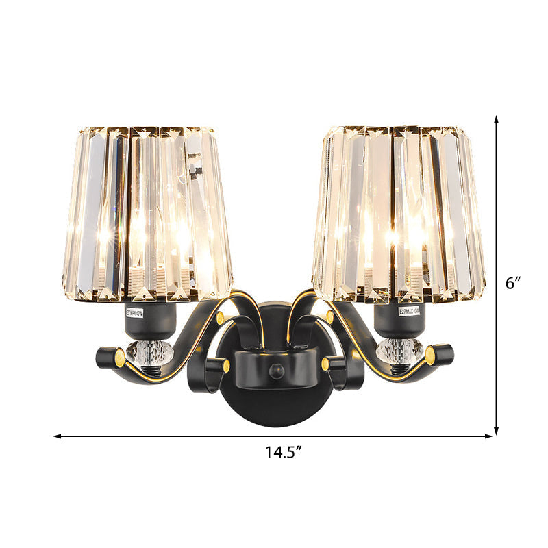 Modern Clear Glass Conic Wall Lamp - 1/2-Bulb Black Sconce Lighting With Crystal Decor