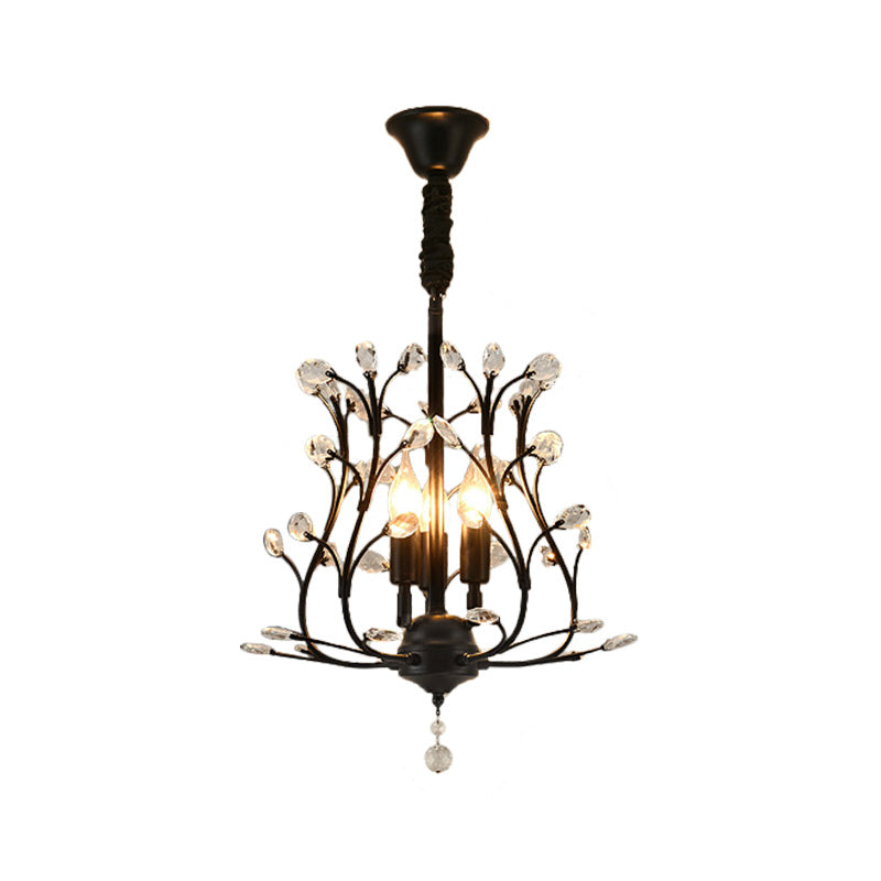 Stunning Black/Gold Branch Chandelier With Crystal Accents - Modern 3-Bulb Hanging Light For Dining