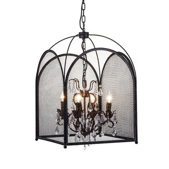 Modern Black Mesh Cage Chandelier Lamp With Crystal Accents - 4 Heads Hanging Light Kit For Living