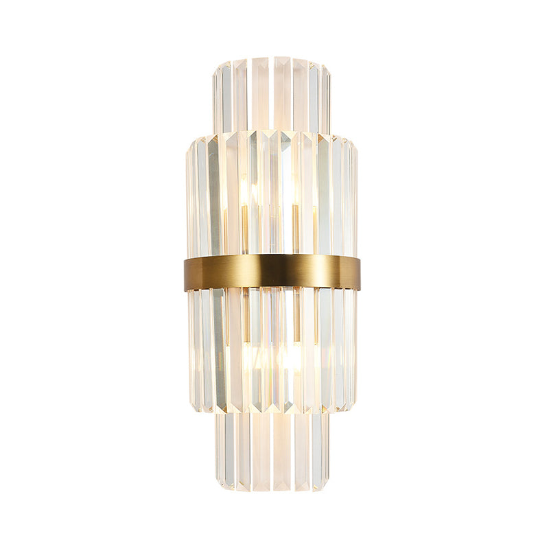 Modernist Clear Crystal Cylinder Wall Lighting Fixture - 2 Lights Golden Sconce Lamp (18/21.5
