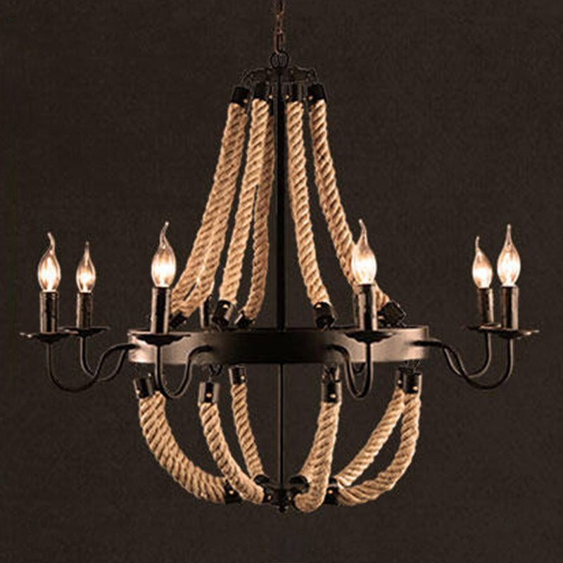 Rustic Iron Candlestick Chandelier With Hemp Rope - Flaxen Pendant Lighting For Living Room