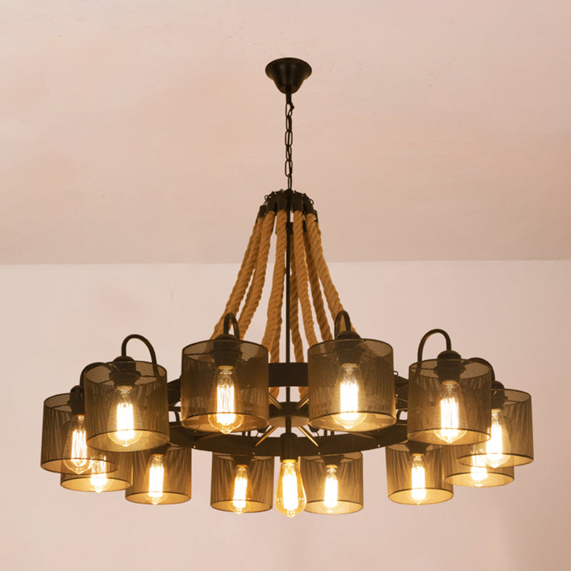 Vintage Iron Wheel Chandelier Pendant Light With Hemp Rope In Black For Restaurants / 44’ B