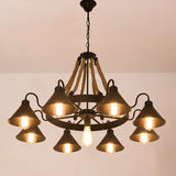 Antique Style Iron Restaurant Pendant Light Fixture - Black Conical Shade Chandelier With Hemp Rope