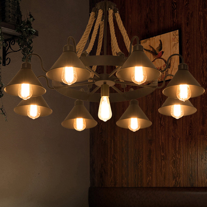 Antique Style Iron Chandelier With Black Conical Shade And Hemp Rope Pendant Lighting For