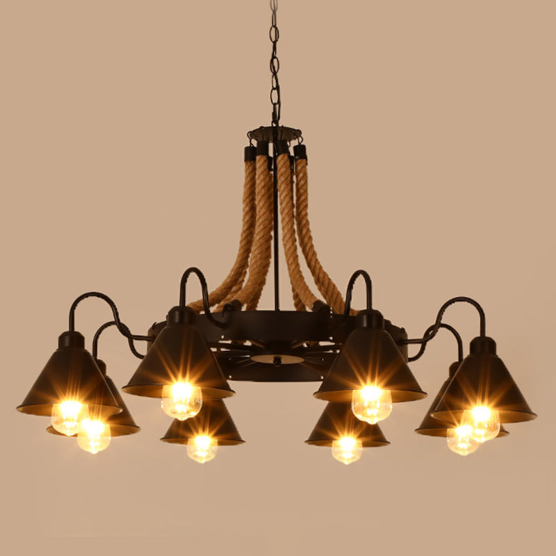 Rustic Hemp Rope Restaurant Chandelier With Black Dangling Suspension Light 8 / A