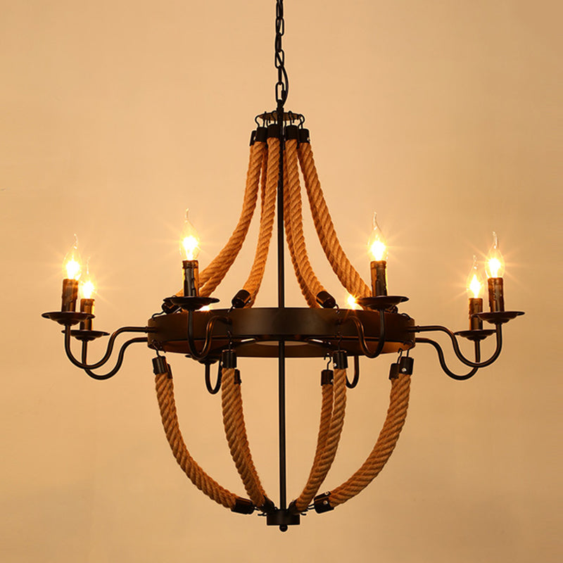 Rustic Hemp Rope Restaurant Chandelier With Black Dangling Suspension Light 8 / D