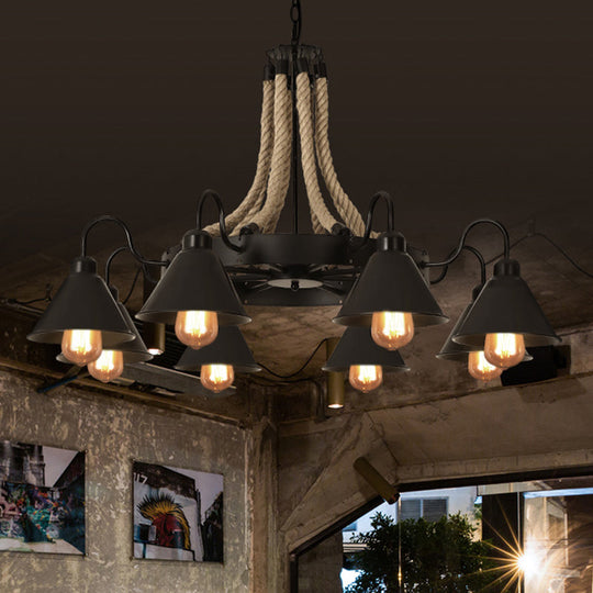 Rustic Hemp Rope Restaurant Chandelier With Black Dangling Suspension Light