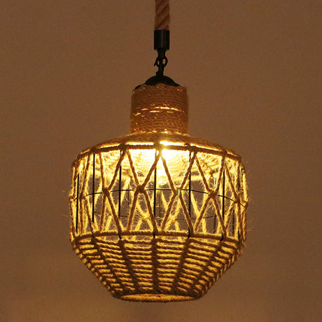 Industrial Hemp Rope Caged Ceiling Pendant Light With Flaxen Finish - Ideal For Restaurants / H