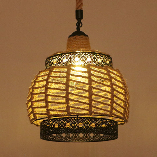 Hemp Rope Industrial Ceiling Pendant Light - Flaxen Single Hanging Fixture For Restaurants / L