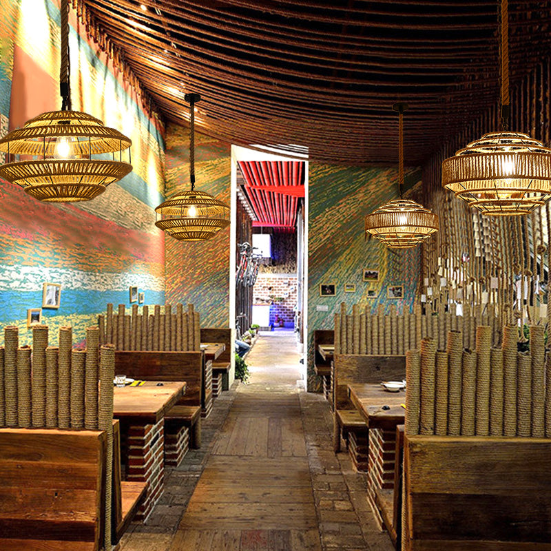 Antique Caged Pendant Light With Hemp Rope - Brown 1-Light For Restaurants