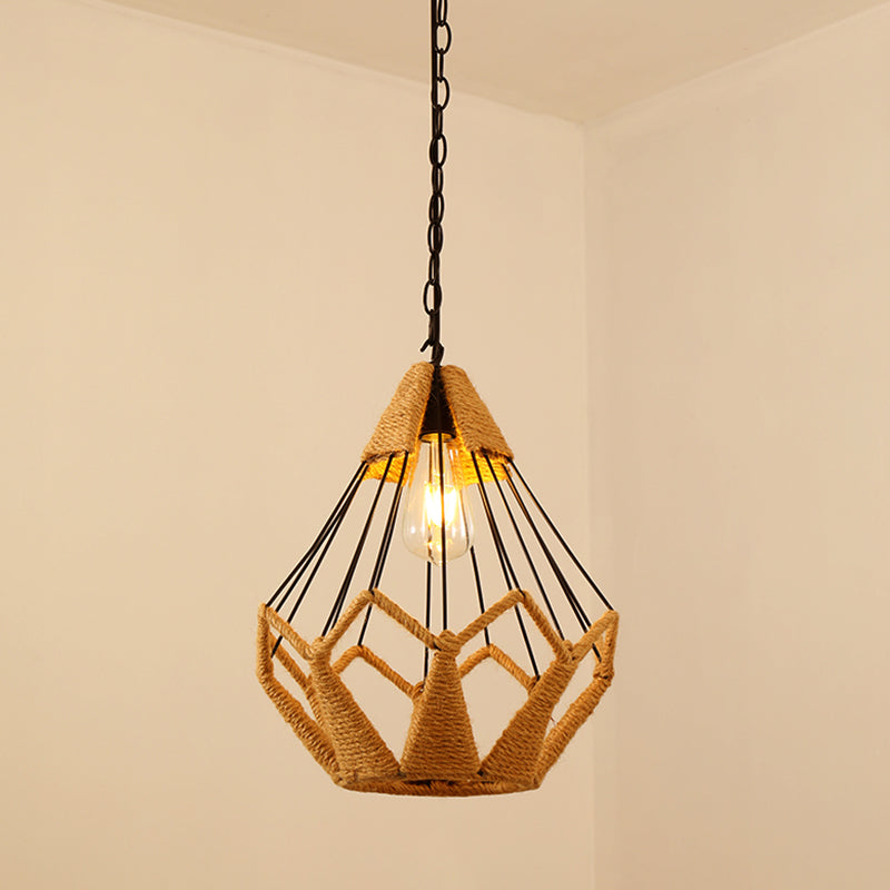 Antique Caged Pendant Light With Hemp Rope - Brown 1-Light For Restaurants / B