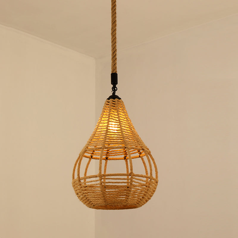 Antique Caged Pendant Light With Hemp Rope - Brown 1-Light For Restaurants / D