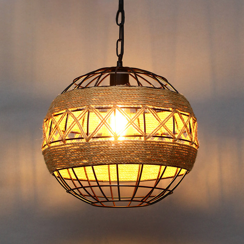 Industrial Geometric Hemp Rope Hanging Pendant Light - Single Ceiling In Black / Globe