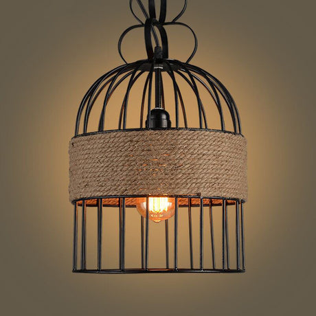 Black Iron Vintage Birdcage Pendant Lamp With Single-Bulb And Hemp Rope