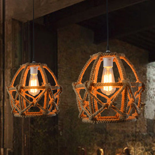 Globe Cage Hemp Rope Pendant Light - Antique Brown Finish 1-Light Fixture For Restaurants