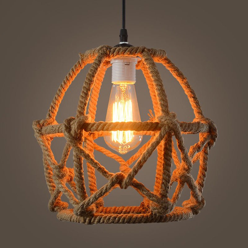 Globe Cage Hemp Rope Pendant Light - Antique Brown Finish 1-Light Fixture For Restaurants