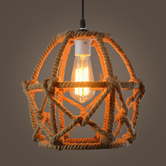 Globe Cage Hemp Rope Pendant Light - Antique Brown Finish 1-Light Fixture For Restaurants