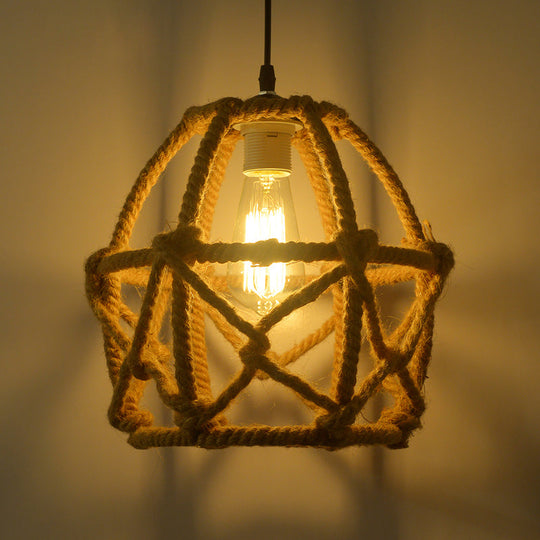 Globe Cage Hemp Rope Pendant Light - Antique Brown Finish 1-Light Fixture For Restaurants