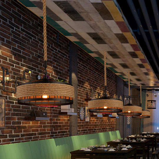 Hemp Rope Yurt Hanging Light - Rustic Pendant Fixture In Black