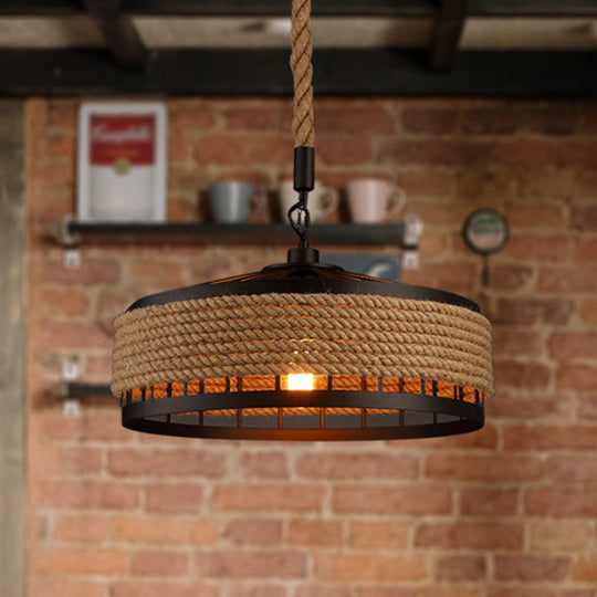 Hemp Rope Yurt Hanging Light - Rustic Pendant Fixture In Black