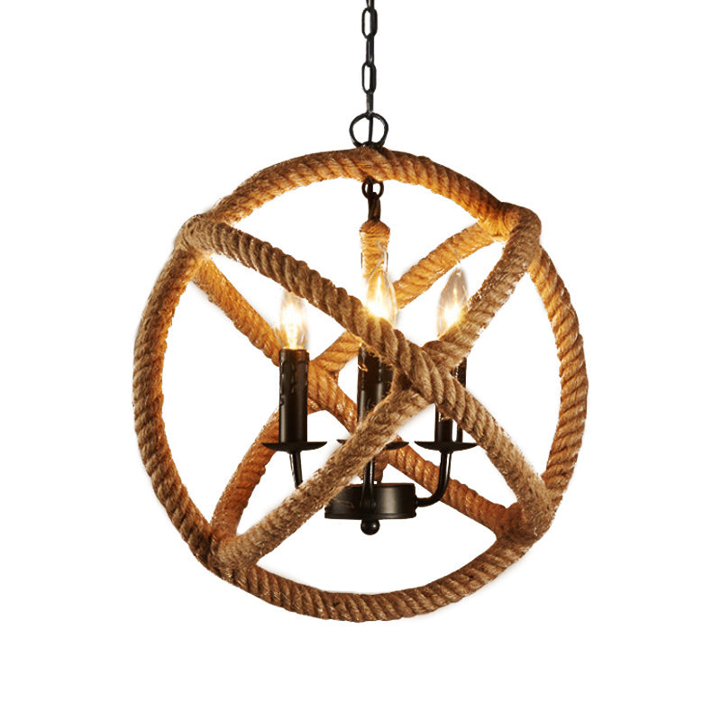 Flaxen Hemp Rope Pendant Ceiling Light With Metallic Candle – Retro Style 3-Bulb Suspension