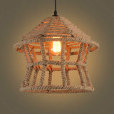 Retro House Shaped Hemp Rope Pendant Ceiling Light In Brown With 1 Head Suspension