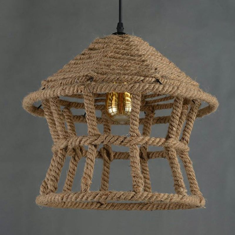 Rustic Hemp Rope Pendant Ceiling Light In Brown - Retro House Design