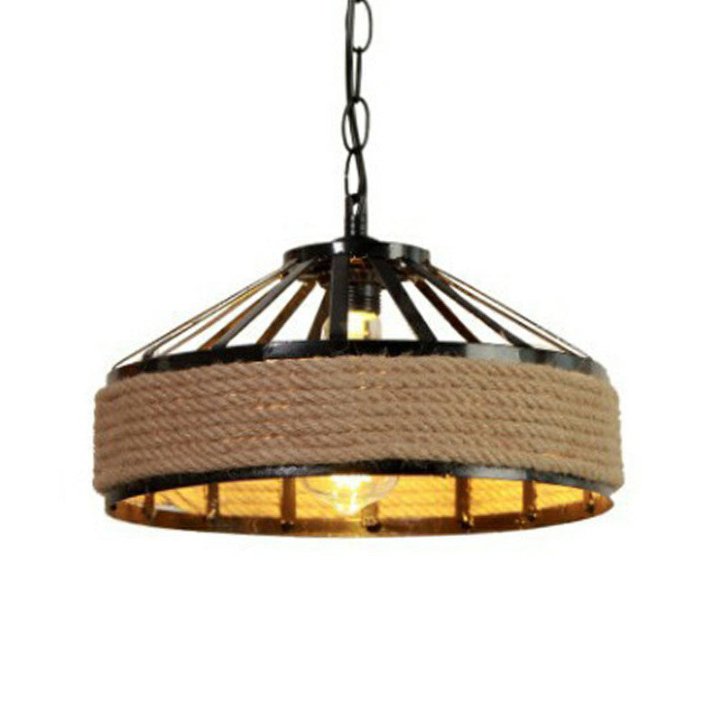 Retro Yurt Suspension Lighting: 1-Head Pendant Ceiling Light In Brown - Vintage Style With Hemp Rope