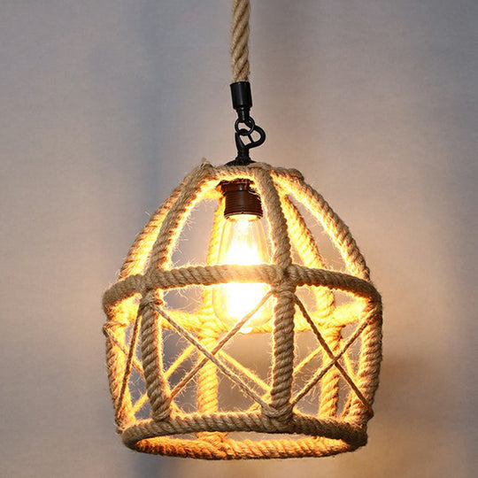 Rustic Hemp Rope Hanging Lamp Vintage Single-Bulb Pendant For Restaurants - Brown / K
