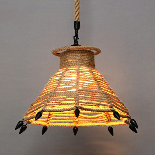 Rustic Hemp Rope Hanging Lamp Vintage Single-Bulb Pendant For Restaurants - Brown / J