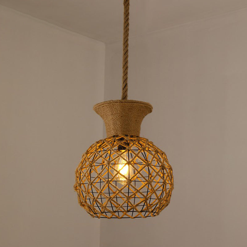 Hemp Rope Caged Pendant Light - Vintage Single-Bulb Hanging Fixture For Restaurants In Brown / F