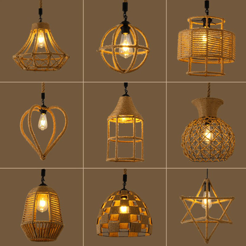 Hemp Rope Caged Pendant Light - Vintage Single-Bulb Hanging Fixture For Restaurants In Brown