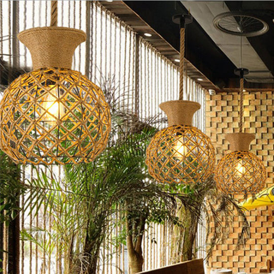 Hemp Rope Caged Pendant Light - Vintage Single-Bulb Hanging Fixture For Restaurants In Brown