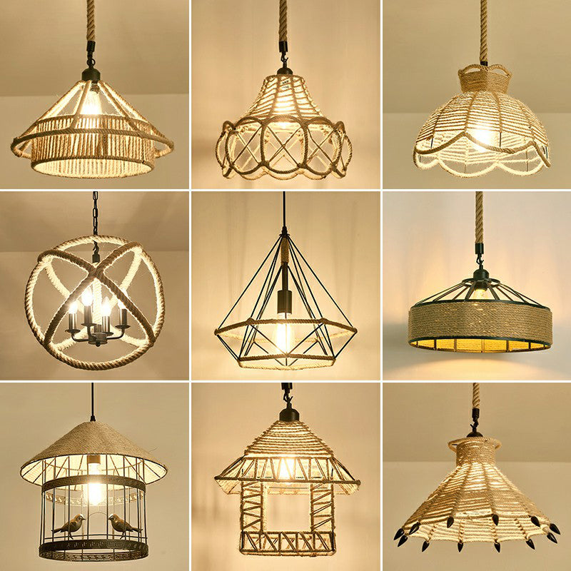 Hemp Rope Pendant Light - Antique 1-Light Fixture In Brown For Restaurants