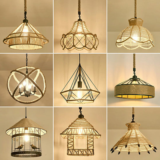 Hemp Rope Pendant Light - Antique 1-Light Fixture In Brown For Restaurants