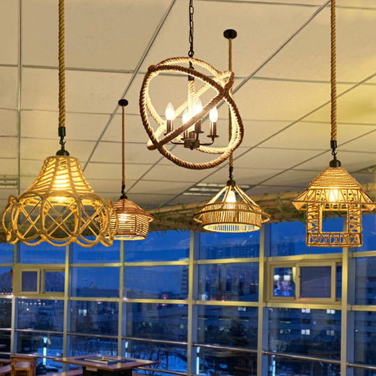 Hemp Rope Pendant Light - Antique 1-Light Fixture In Brown For Restaurants
