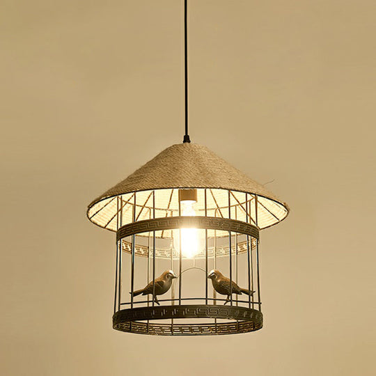 Hemp Rope Pendant Light - Antique 1-Light Fixture In Brown For Restaurants